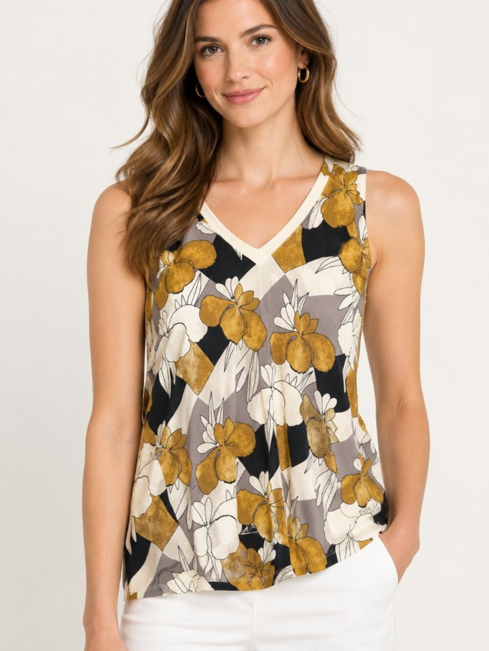 Ann Taylor Factory Floral V-Neck Tank Top in Cream, Gold & Gray Size XL